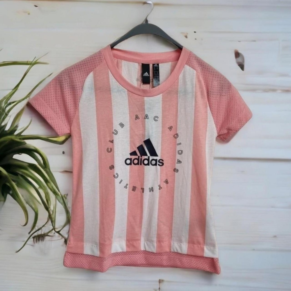 Adidas pink/white spellout t shirt Size xs uk 4/6Mesh sleevesBNWT - Picture 1 of 4